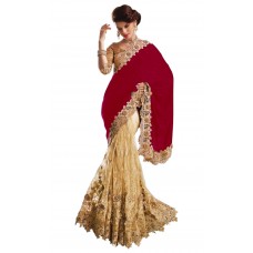 Triveni Enchanting Magenta Colored Embroidered Net Velvet Saree